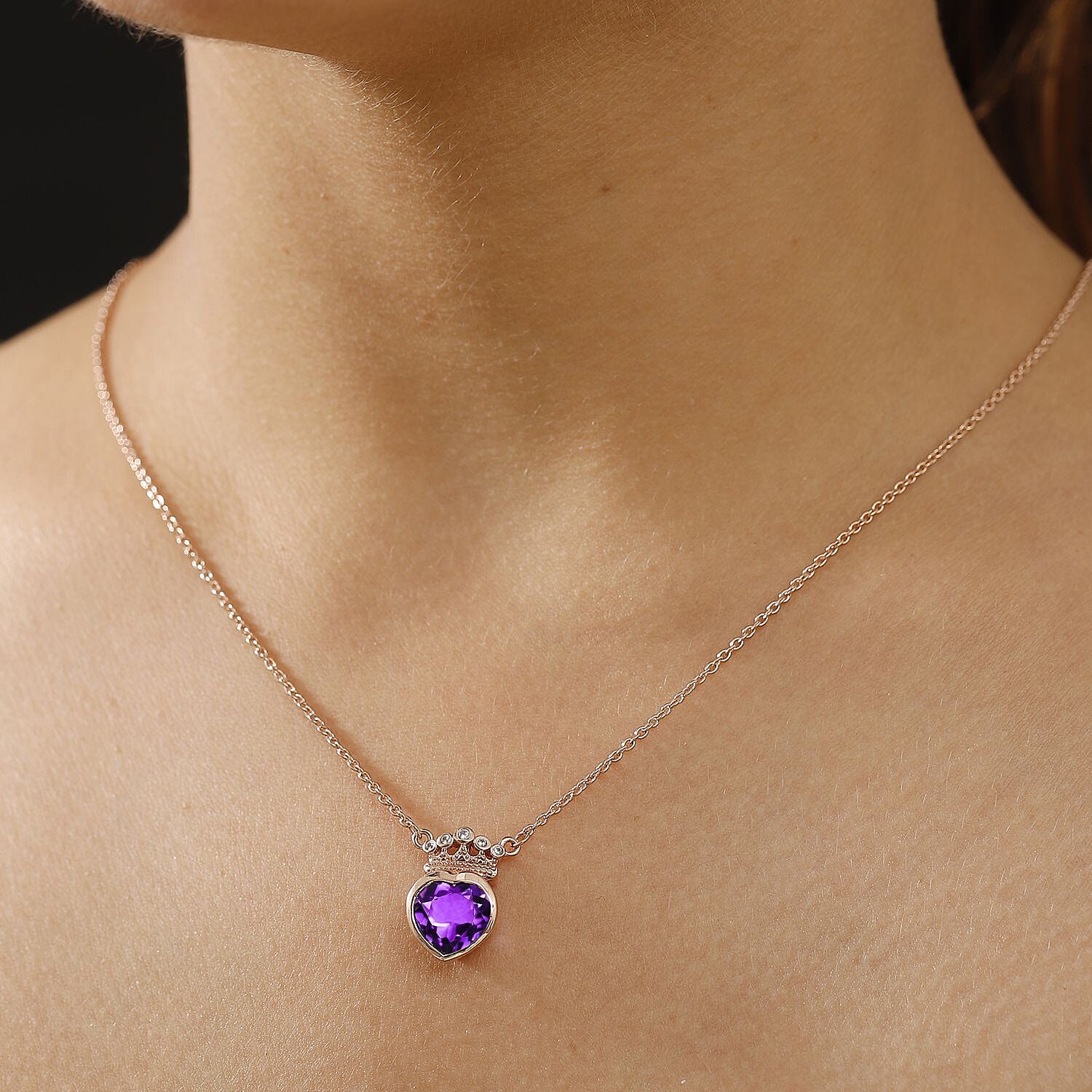 AAA Rose De France Amethyst and White Zircon Crown Necklace (Size - 20) in 18K Vermeil Rose Gold Plated Sterling Silver 8037515 2