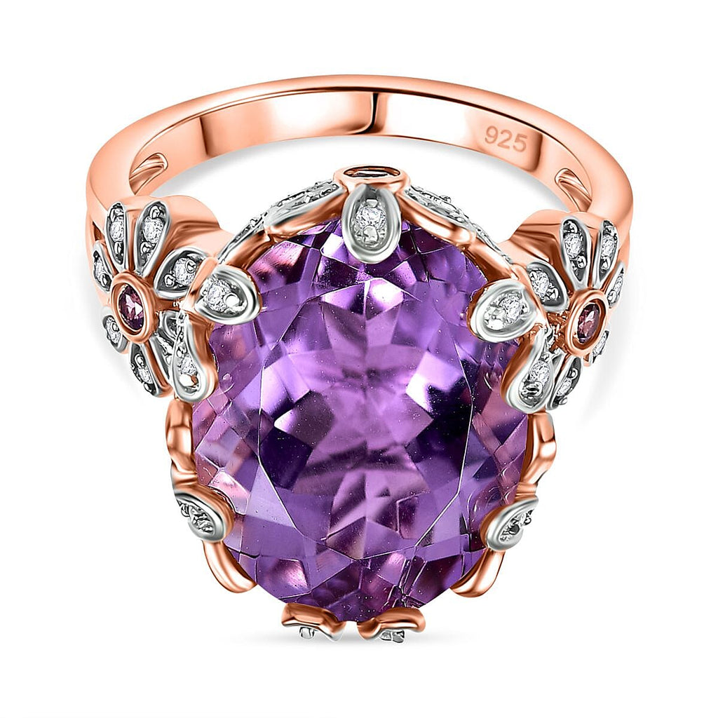 AAA Rose De France Amethyst, White Zircon & Lotus Garnet Solitaire Ring in 18K Vermeil Rose Gold Plated Sterling Silver 9.24 Ct.