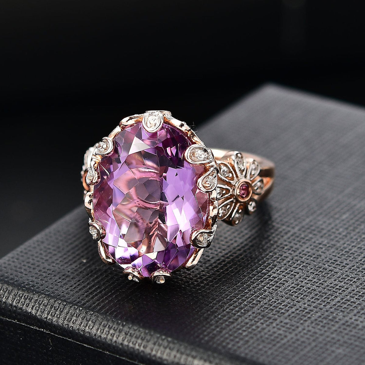 AAA Rose De France Amethyst, White Zircon and Lotus Garnet Floral Ring in 18K Vermeil Rose Gold Plated Sterling Silver 8050330 2