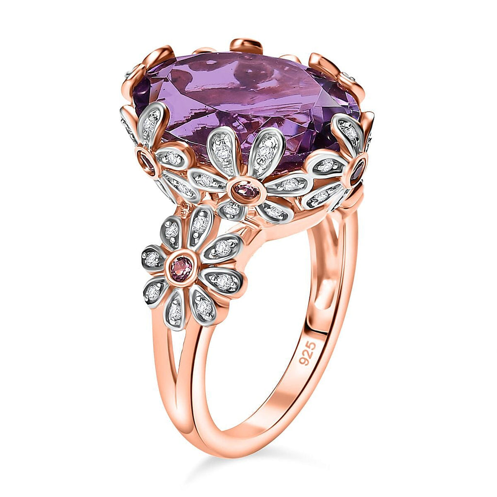 AAA Rose De France Amethyst, White Zircon & Lotus Garnet Solitaire Ring in 18K Vermeil Rose Gold Plated Sterling Silver 9.24 Ct.