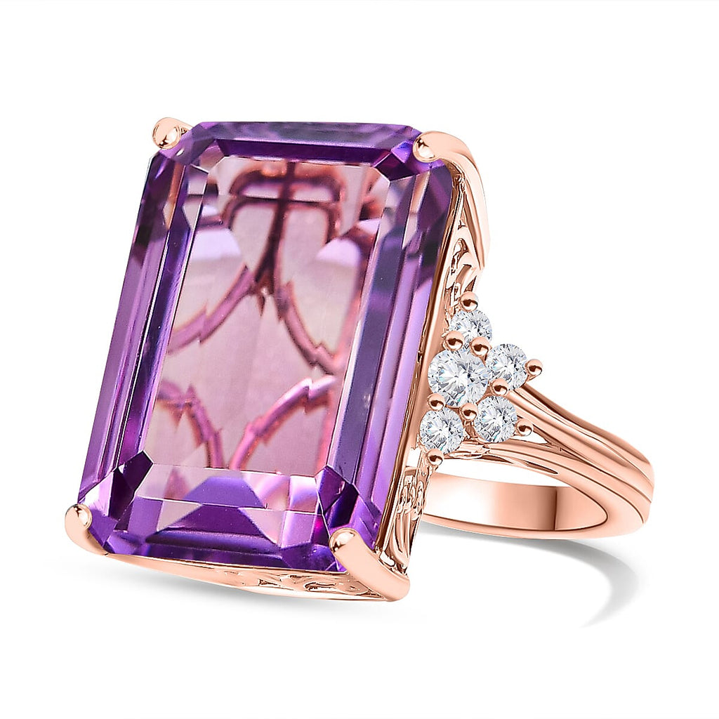 Rose De France Amethyst & Natural Zircon Ring in 18K RG Vermeil Plated Sterling Silver 24.37 Ct,  Silver Wt.5.72 Gms