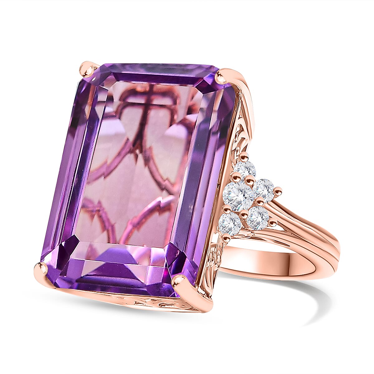 Rose De France Amethyst and Natural Zircon Ring in 18K Rose Gold Vermeil Plated Sterling Silver 24.37 Ct,  Silver Wt.5.72 Gms 7803900 0