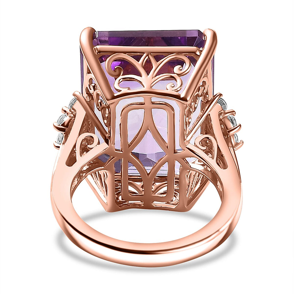 Rose De France Amethyst & Natural Zircon Ring in 18K RG Vermeil Plated Sterling Silver 24.37 Ct,  Silver Wt.5.72 Gms