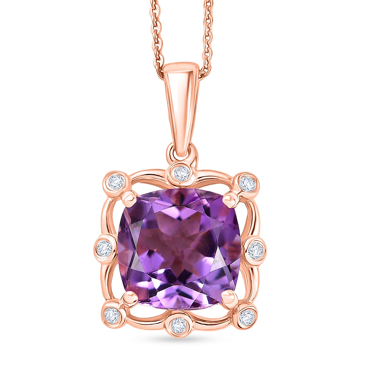 D'Joy Rose De France Amethyst &amp; White Zircon Cushion Cut Halo Pendant with Chain (Size 20) in Rose Gold Plated Sterling Silver 4.54 Ct. 4450996 0