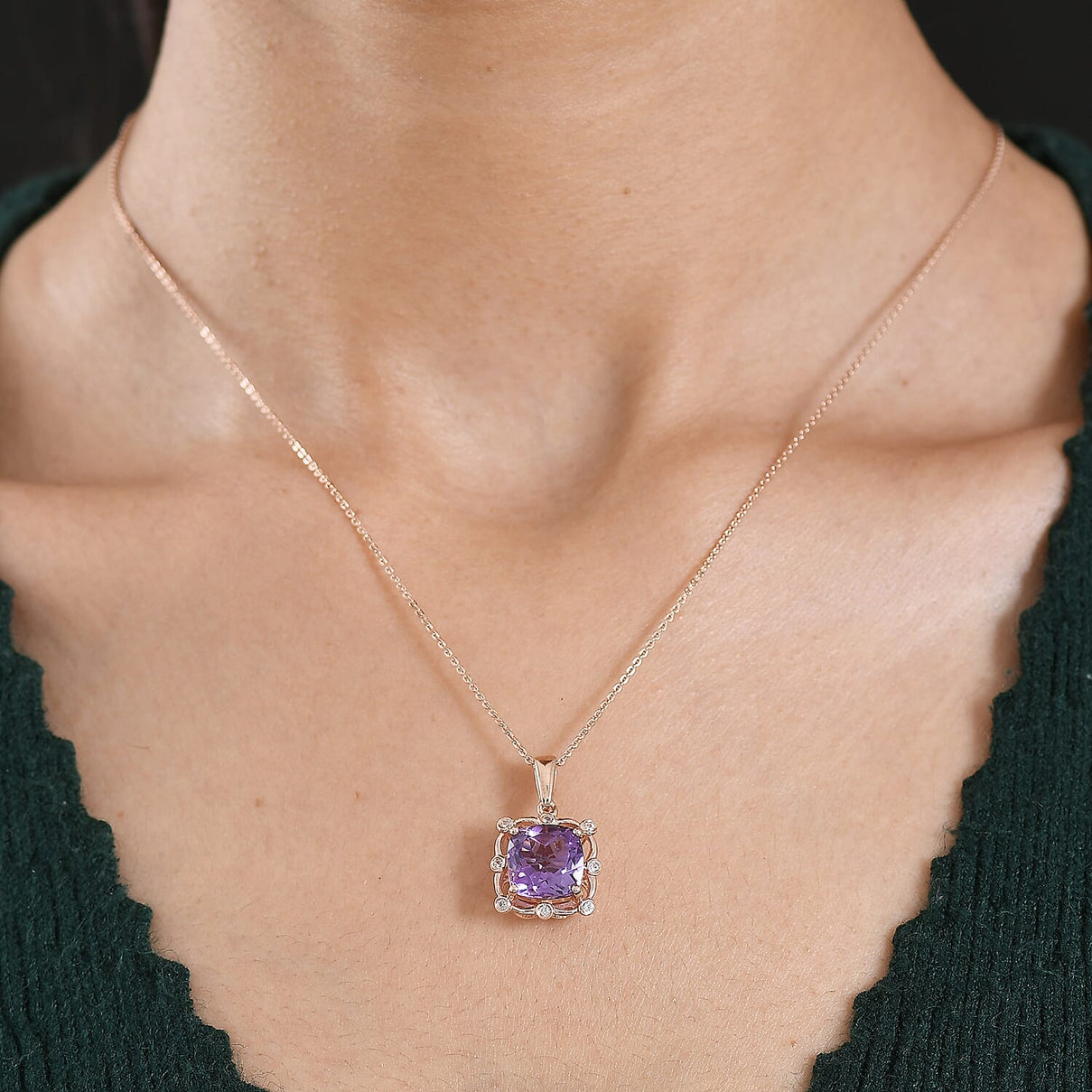 D'Joy Rose De France Amethyst &amp; White Zircon Cushion Cut Halo Pendant with Chain (Size 20) in Rose Gold Plated Sterling Silver 4.54 Ct. 4450996 2
