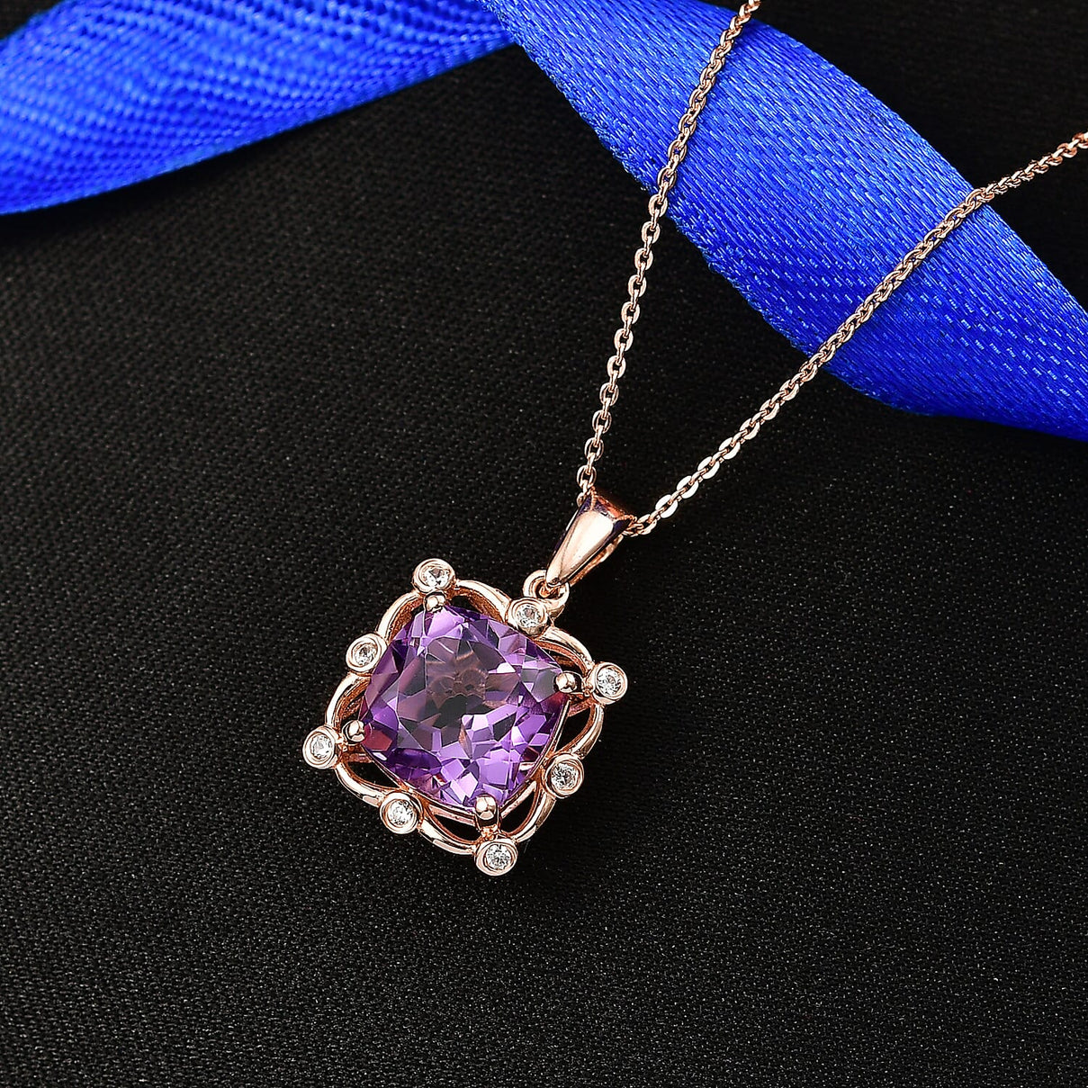 D'Joy Rose De France Amethyst &amp; White Zircon Cushion Cut Halo Pendant with Chain (Size 20) in Rose Gold Plated Sterling Silver 4.54 Ct. 4450996 3