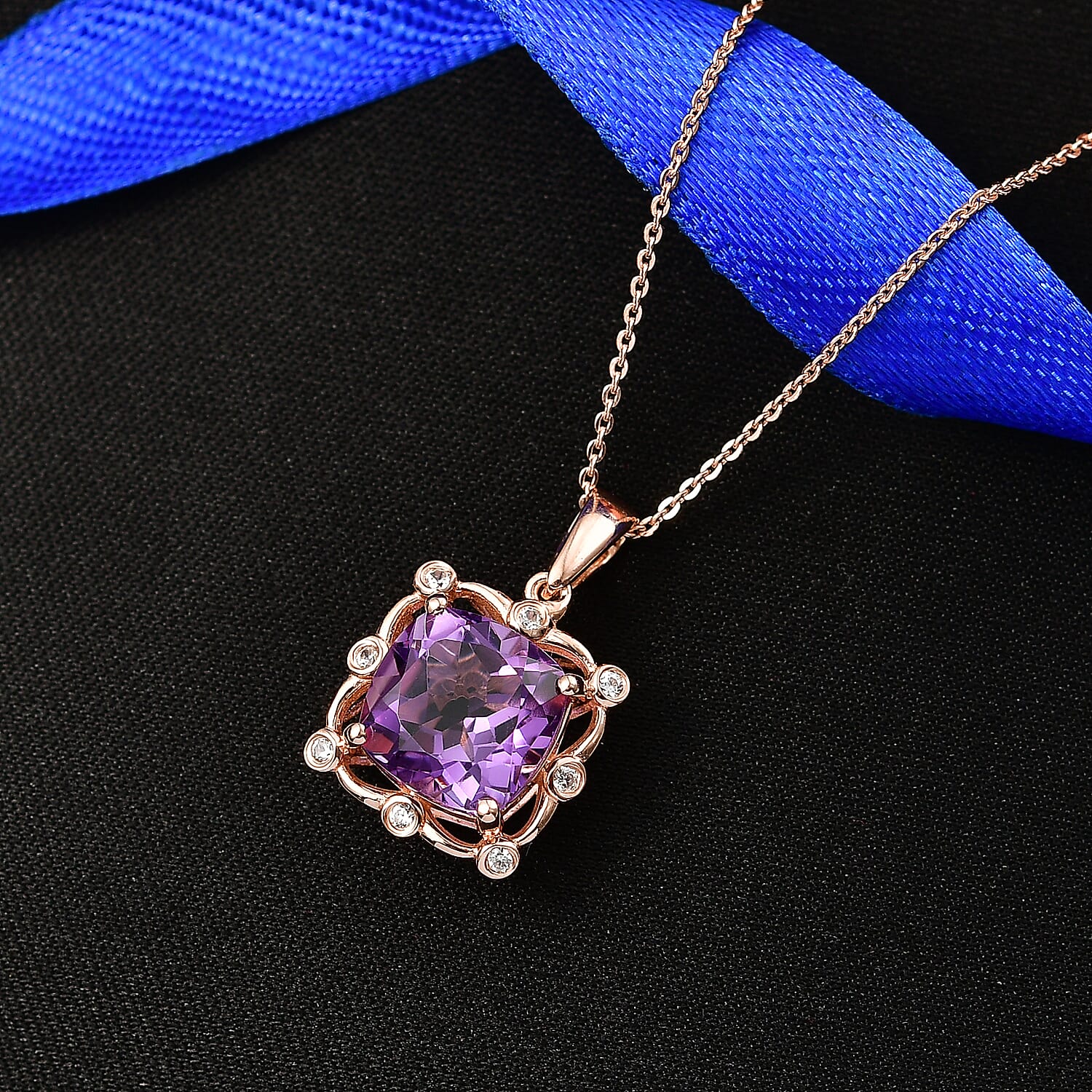 D'Joy Rose De France Amethyst &amp; White Zircon Cushion Cut Halo Pendant with Chain (Size 20) in Rose Gold Plated Sterling Silver 4.54 Ct. 4450996 3