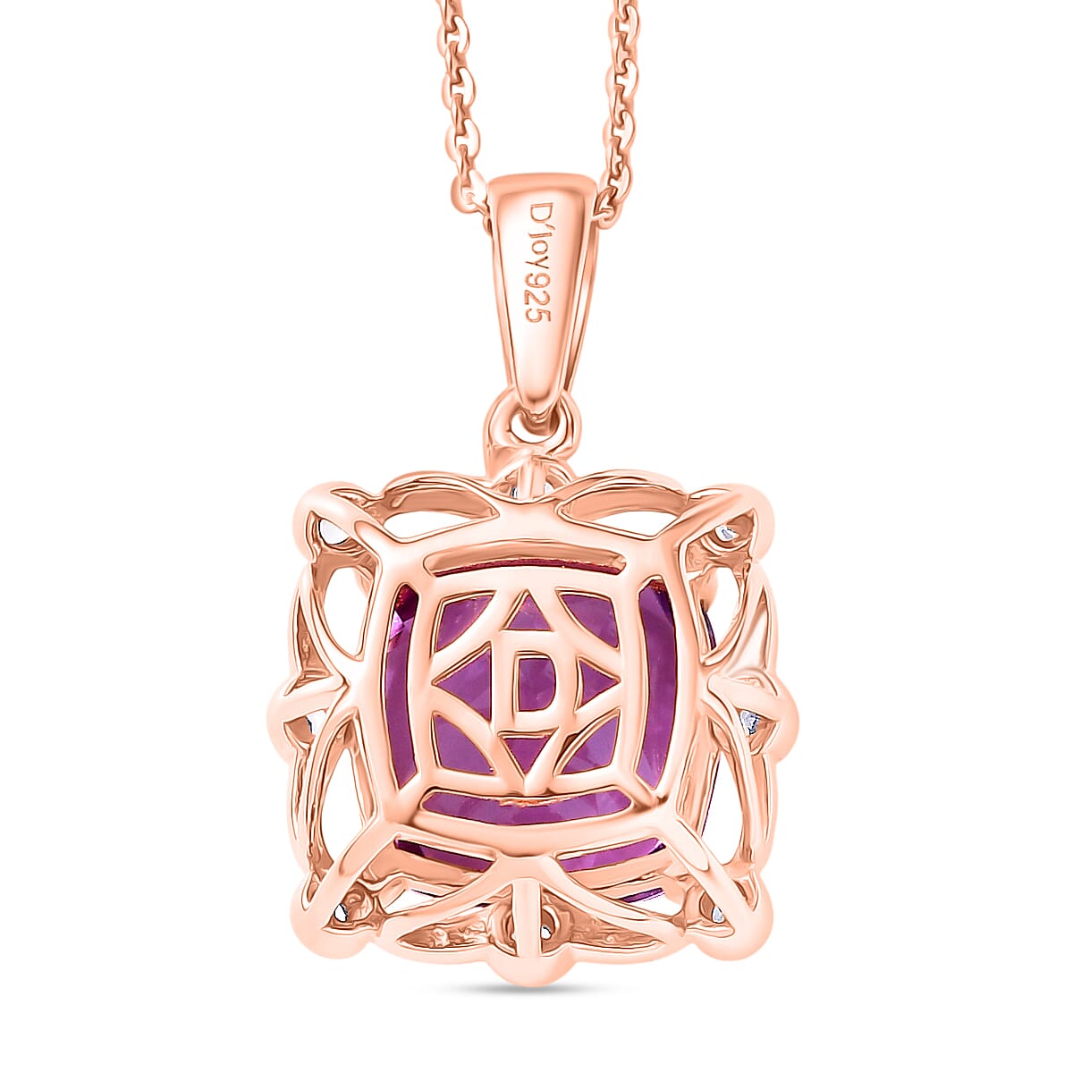 D'Joy Rose De France Amethyst &amp; White Zircon Cushion Cut Halo Pendant with Chain (Size 20) in Rose Gold Plated Sterling Silver 4.54 Ct. 4450996 5