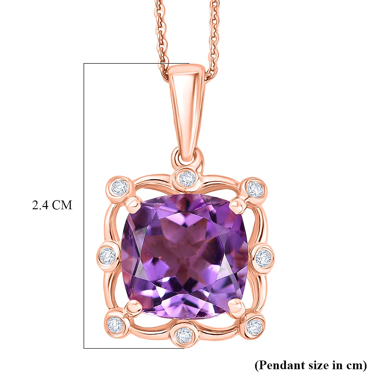 D'Joy Rose De France Amethyst &amp; White Zircon Cushion Cut Halo Pendant with Chain (Size 20) in Rose Gold Plated Sterling Silver 4.54 Ct. 4450996 6