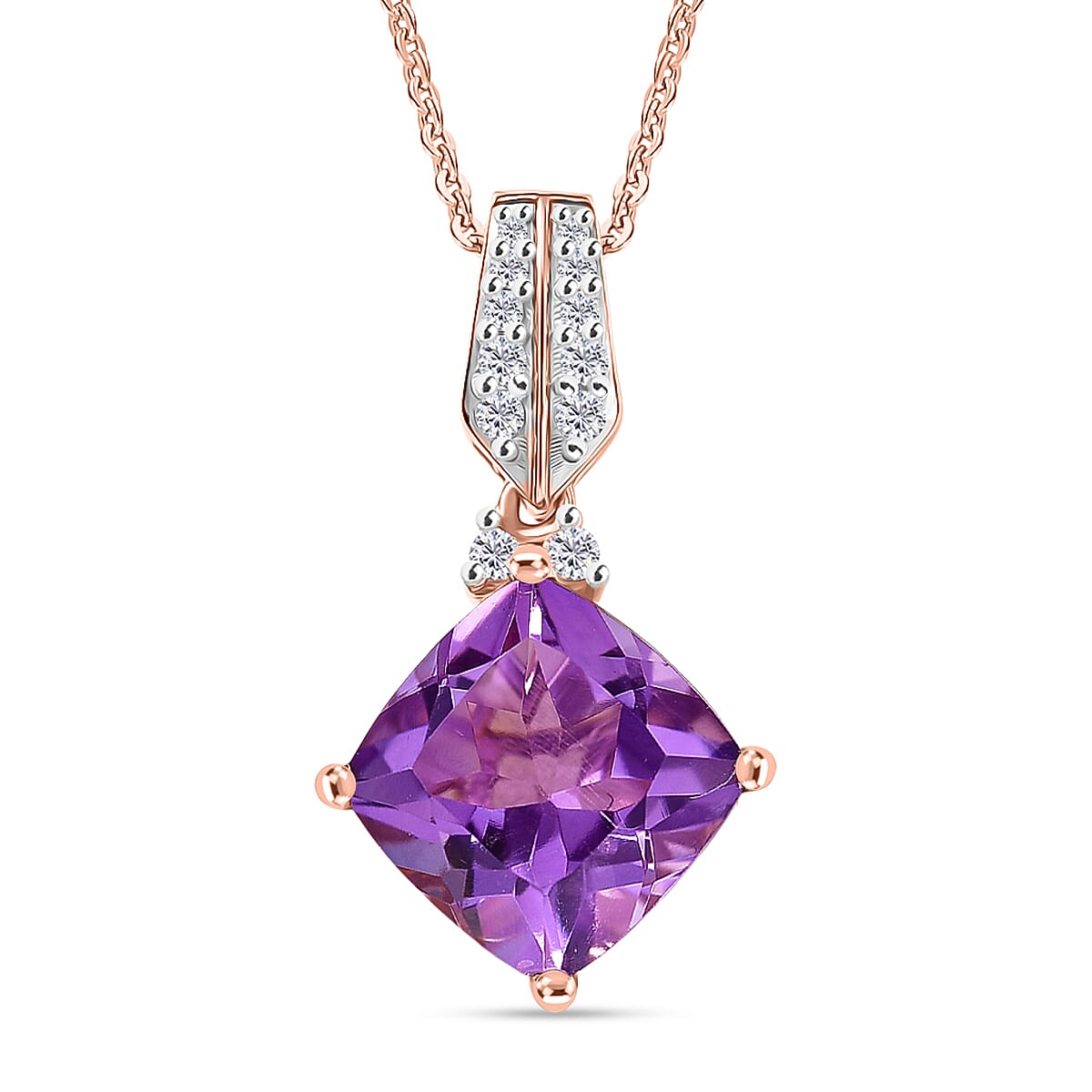 D'Joy AAA Rose De France Amethyst &amp; White Zircon Pendant with Chain (Size 20) in Rose Gold Plated Sterling Silver 3.31 Ct. V32728589 0