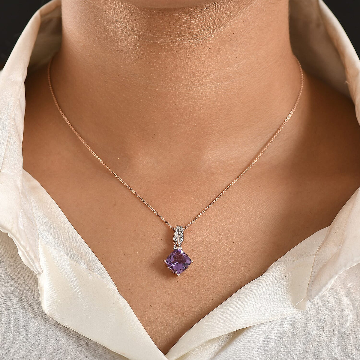 D'Joy AAA Rose De France Amethyst &amp; White Zircon Pendant with Chain (Size 20) in Rose Gold Plated Sterling Silver 3.31 Ct. V32728589 3