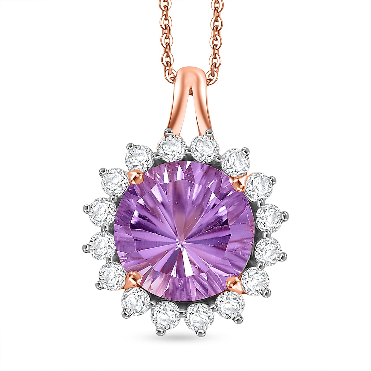 D'Joy AAA Rose De France Amethyst &amp; White Zircon Halo Pendant with Chain (Size 20) in Rose Gold Plated Sterling Silver 7.33 Ct. 4451663 0
