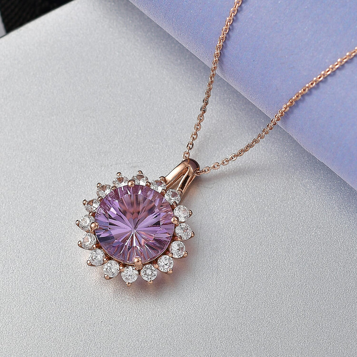D'Joy AAA Rose De France Amethyst &amp; White Zircon Halo Pendant with Chain (Size 20) in Rose Gold Plated Sterling Silver 7.33 Ct. 4451663 2