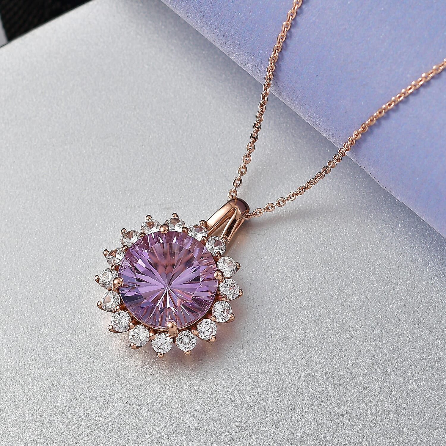 D'Joy AAA Rose De France Amethyst &amp; White Zircon Halo Pendant with Chain (Size 20) in Rose Gold Plated Sterling Silver 7.33 Ct. 4451663 2