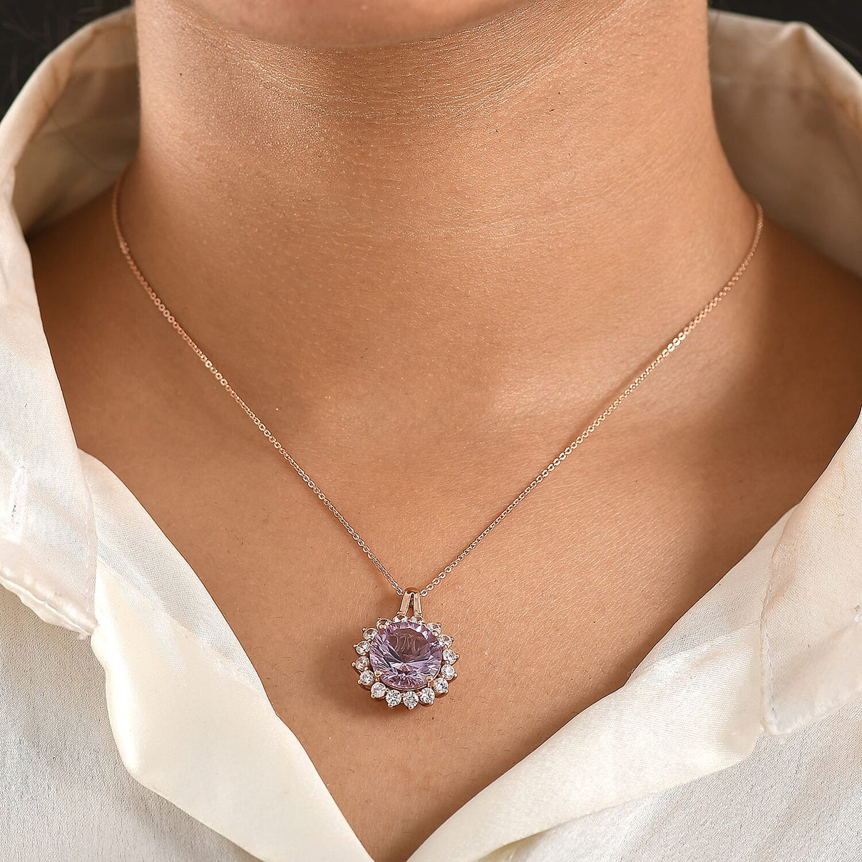 D'Joy AAA Rose De France Amethyst &amp; White Zircon Halo Pendant with Chain (Size 20) in Rose Gold Plated Sterling Silver 7.33 Ct. 4451663 3