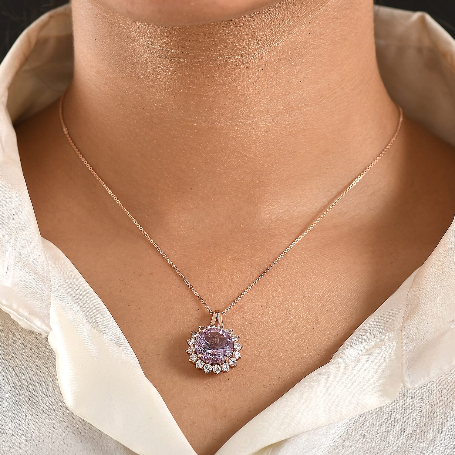 D'Joy AAA Rose De France Amethyst &amp; White Zircon Halo Pendant with Chain (Size 20) in Rose Gold Plated Sterling Silver 7.33 Ct. 4451663 3