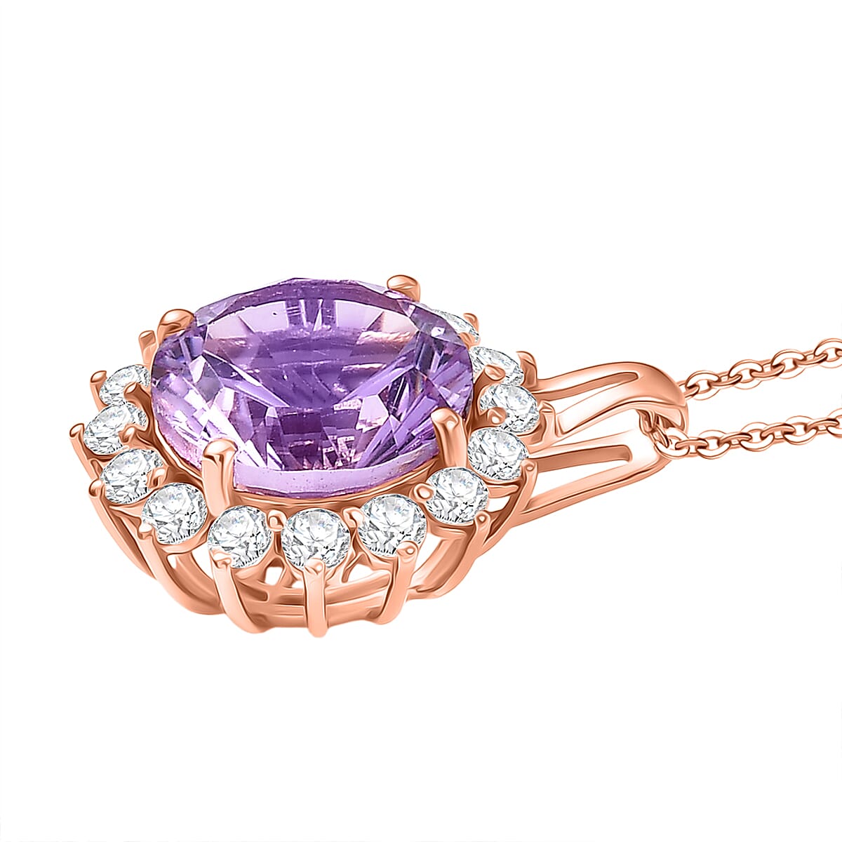 D'Joy AAA Rose De France Amethyst &amp; White Zircon Halo Pendant with Chain (Size 20) in Rose Gold Plated Sterling Silver 7.33 Ct. 4451663 4