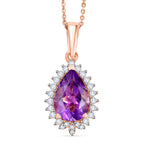D'Joy AAA Rose De France Amethyst & White Zircon Pear Cut Halo Pendant with Chain (Size 20) in Rose Gold Plated Sterling Silver 3.00 Ct.