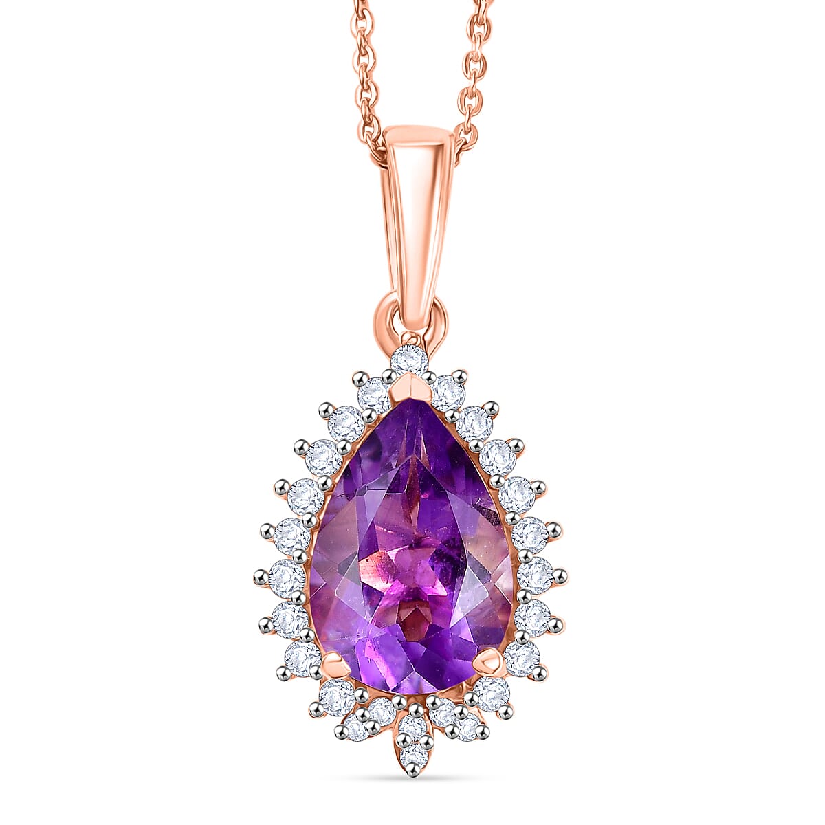 D'Joy AAA Rose De France Amethyst, White Zircon Pear Cut Halo Pendant with Chain (Size 20) in Rose Gold Plated Sterling Silver 3.00 Ct. 4450912 0