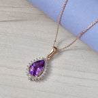 D'Joy AAA Rose De France Amethyst & White Zircon Pear Cut Halo Pendant with Chain (Size 20) in Rose Gold Plated Sterling Silver 3.00 Ct.