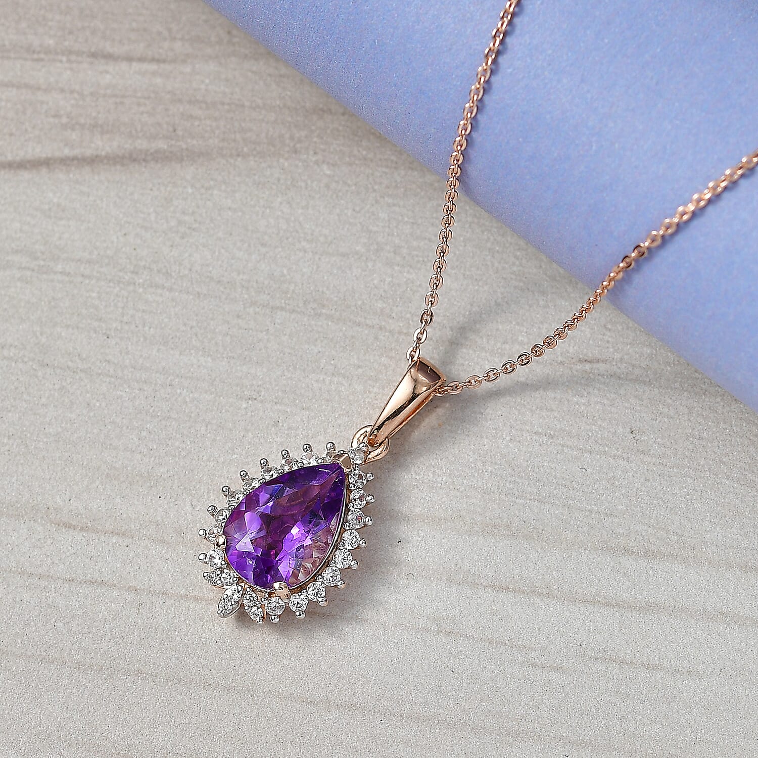 D'Joy AAA Rose De France Amethyst, White Zircon Pear Cut Halo Pendant with Chain (Size 20) in Rose Gold Plated Sterling Silver 3.00 Ct. 4450912 2