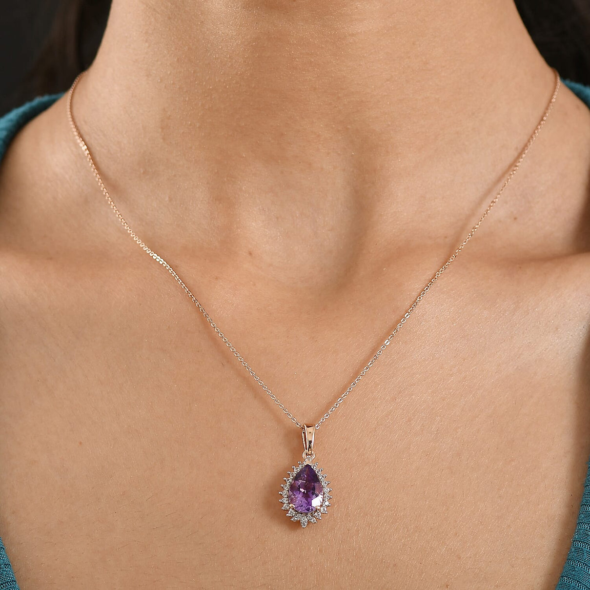 D'Joy AAA Rose De France Amethyst, White Zircon Pear Cut Halo Pendant with Chain (Size 20) in Rose Gold Plated Sterling Silver 3.00 Ct. 4450912 3