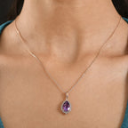 D'Joy AAA Rose De France Amethyst & White Zircon Pear Cut Halo Pendant with Chain (Size 20) in Rose Gold Plated Sterling Silver 3.00 Ct.