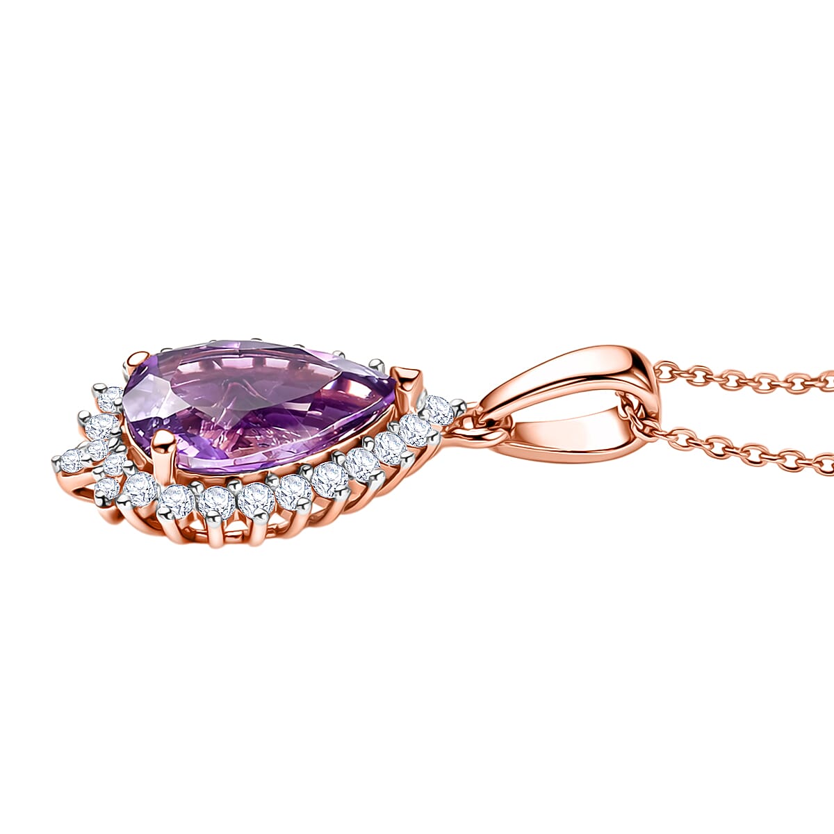 D'Joy AAA Rose De France Amethyst, White Zircon Pear Cut Halo Pendant with Chain (Size 20) in Rose Gold Plated Sterling Silver 3.00 Ct. 4450912 4