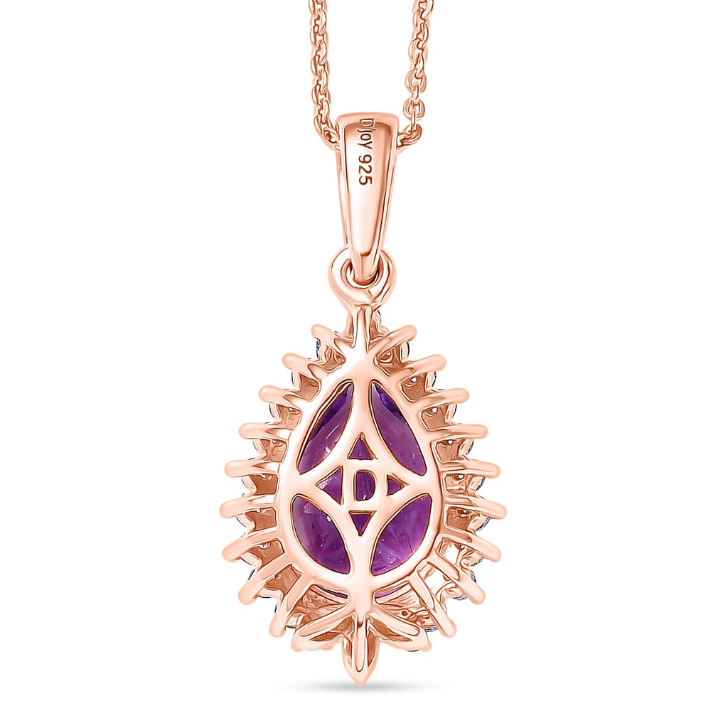 D'Joy AAA Rose De France Amethyst & White Zircon Pear Cut Halo Pendant with Chain (Size 20) in Rose Gold Plated Sterling Silver 3.00 Ct.