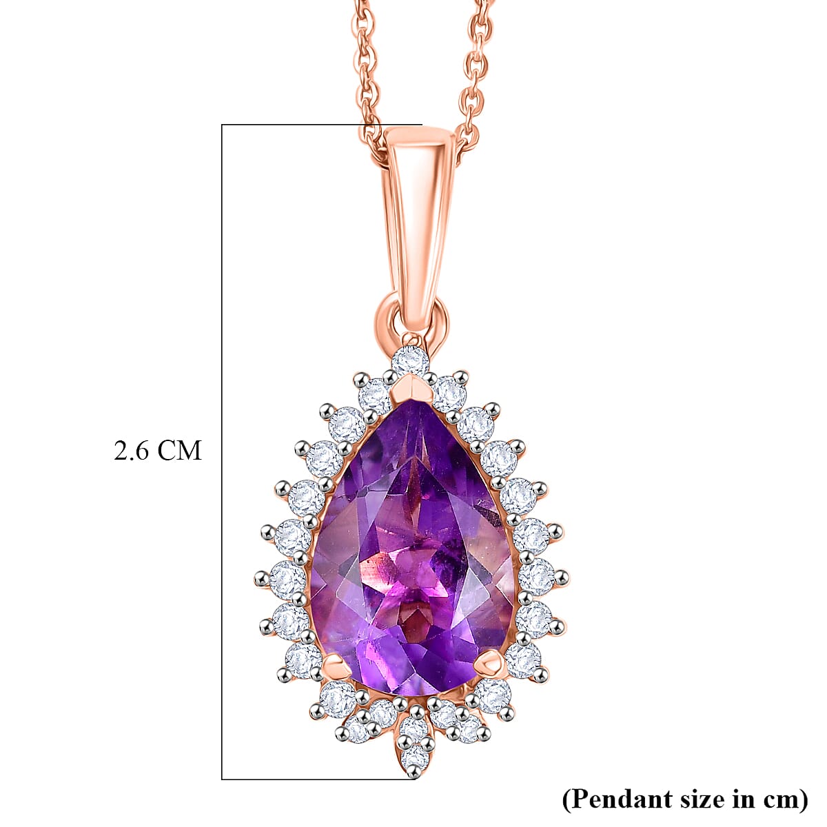 D'Joy AAA Rose De France Amethyst, White Zircon Pear Cut Halo Pendant with Chain (Size 20) in Rose Gold Plated Sterling Silver 3.00 Ct. 4450912 7