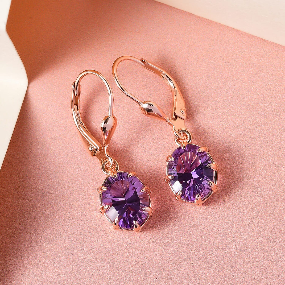 Rose De France Amethyst (Concave Cut) Lever Back Earrings in 18K Vermeil Rose Gold Overlay Sterling Silver 3.48 Ct. 7167603 2
