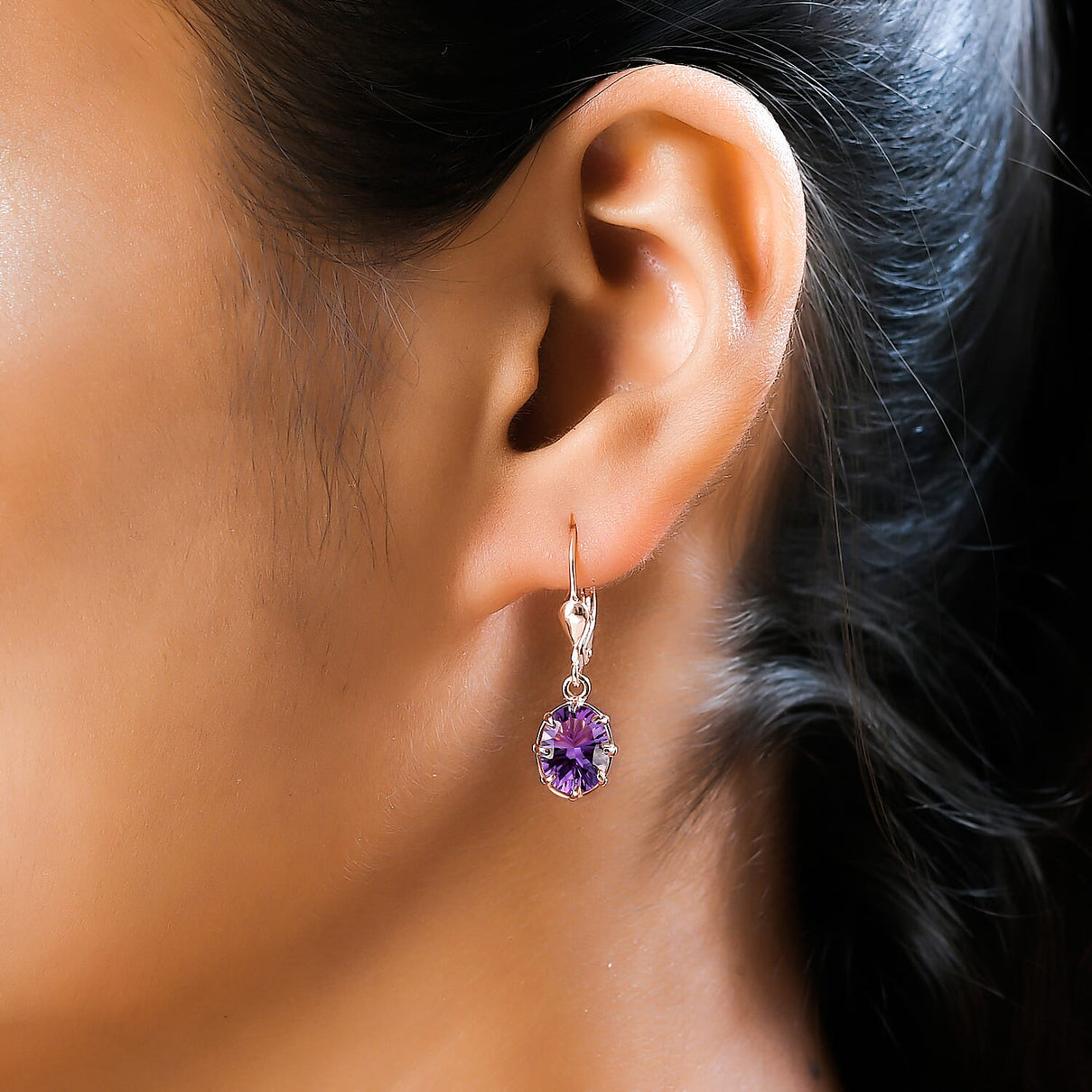 Rose De France Amethyst (Concave Cut) Lever Back Earrings in 18K Vermeil Rose Gold Overlay Sterling Silver 3.48 Ct. 7167603 3