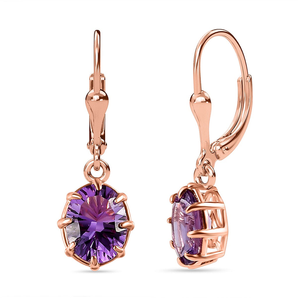 Rose De France Amethyst (Concave Cut) Lever Back Earrings in 18K Vermeil Rose Gold Overlay Sterling Silver 3.48 Ct.