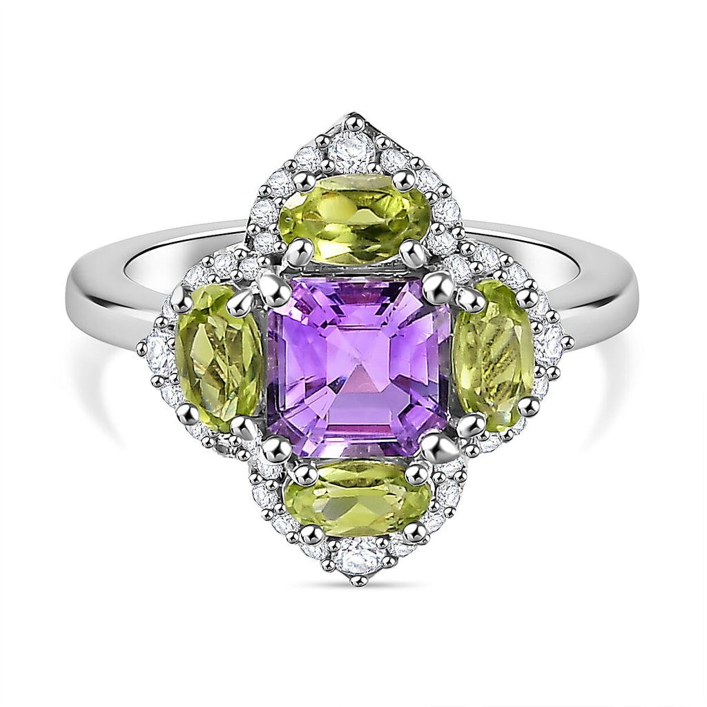 Corpse Flower Inspired Natural Rose De Morocco Amethyst with Multi Gemstone Cluster Ring in Rhodium Overlay Sterling Silver 2.74 Ct.