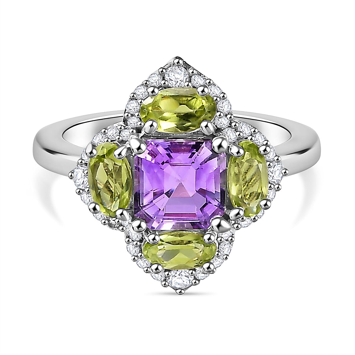 Rose De Morocco, Peridot, White Zircon Cluster Ring in Rhodium Overlay Sterling Silver 7864324 0