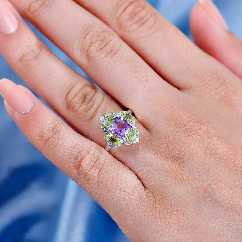 Corpse Flower Inspired Natural Rose De Morocco Amethyst with Multi Gemstone Cluster Ring in Rhodium Overlay Sterling Silver 2.74 Ct.