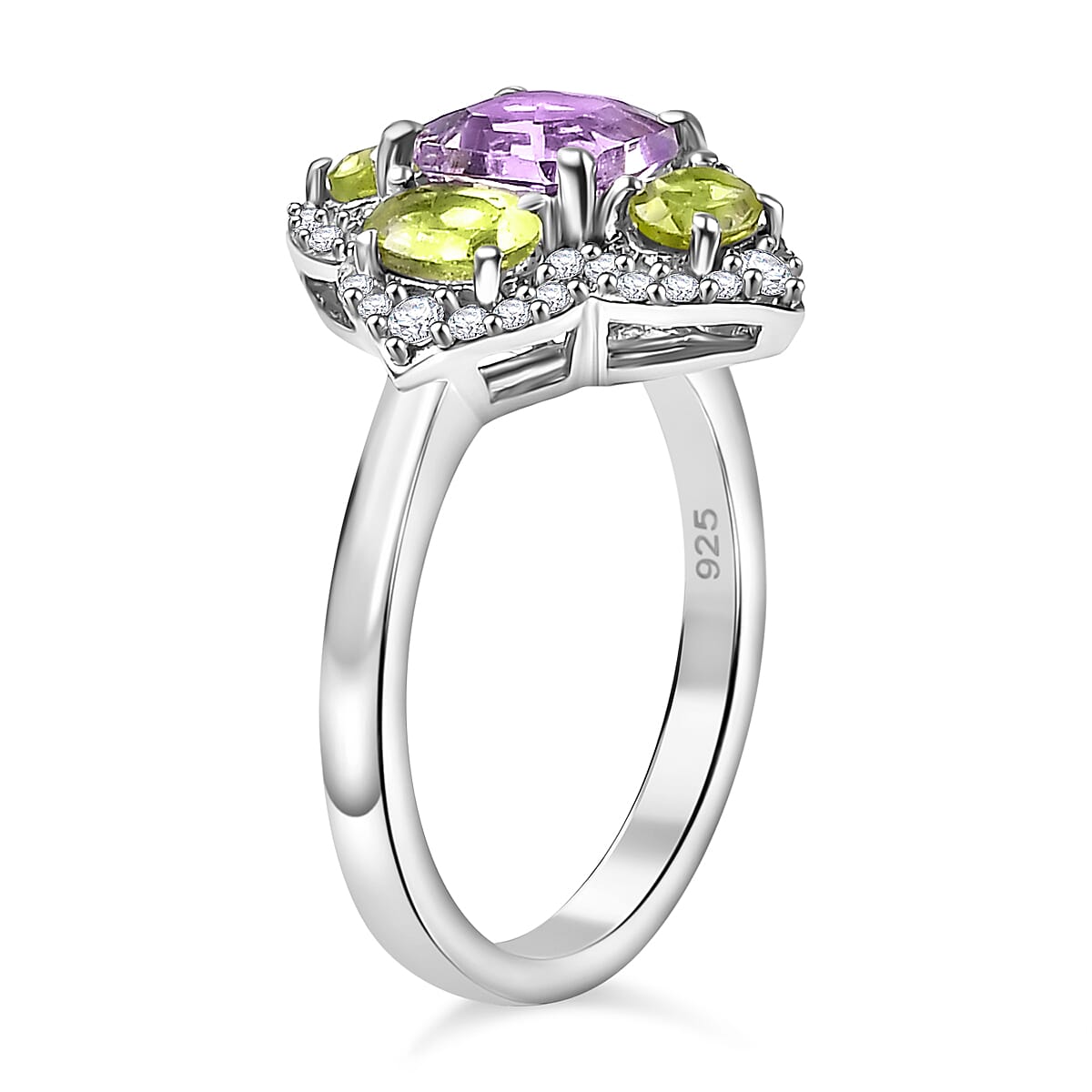 Rose De Morocco, Peridot, White Zircon Cluster Ring in Rhodium Overlay Sterling Silver 7864324 3