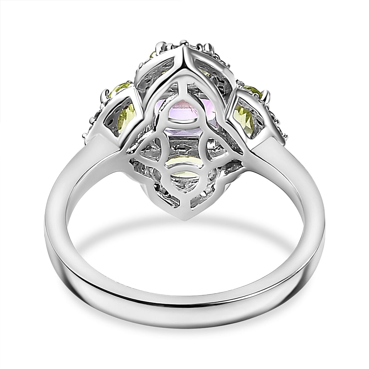 Rose De Morocco, Peridot, White Zircon Cluster Ring in Rhodium Overlay Sterling Silver 7864324 4