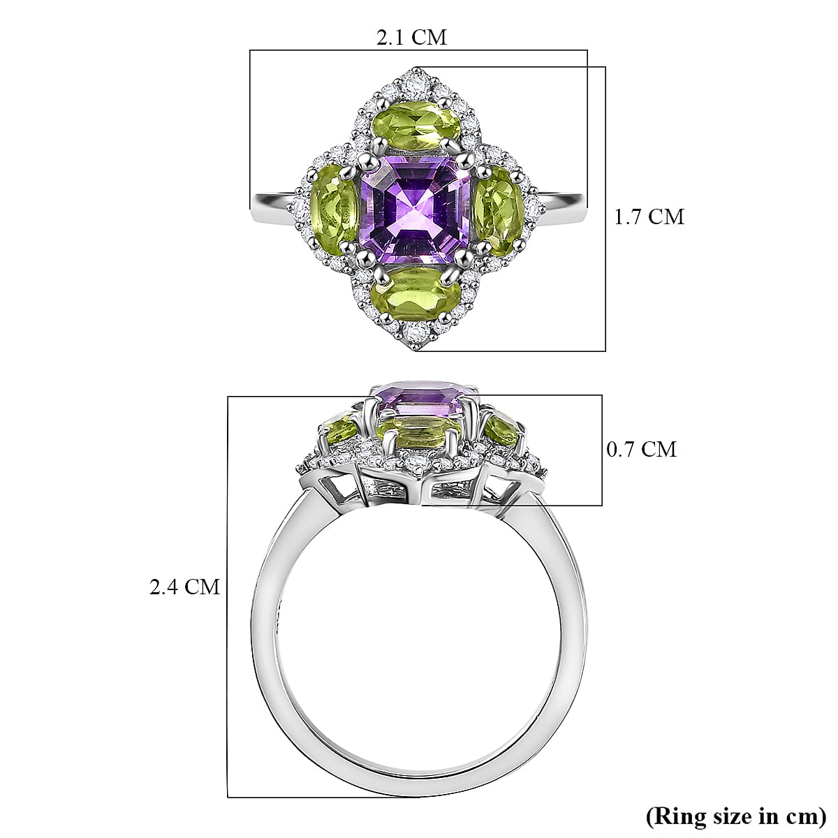 Rose De Morocco, Peridot, White Zircon Cluster Ring in Rhodium Overlay Sterling Silver 7864324 5