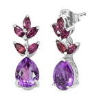 Natural Rose De Morocco & Rhodolite Garnet  Dangling Earring With Push Back in Rhodium overlay Sterling Silver 3.312 Ct.