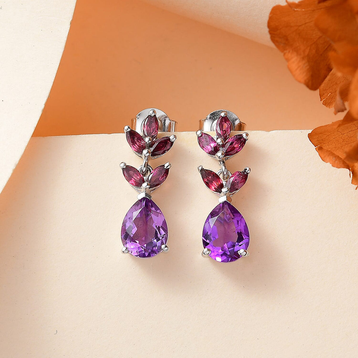 Natural Rose De Morocco Amethyst, Rhodolite Garnet Dangling Earrings in Rhodium Plated Sterling Silver 7860627 1