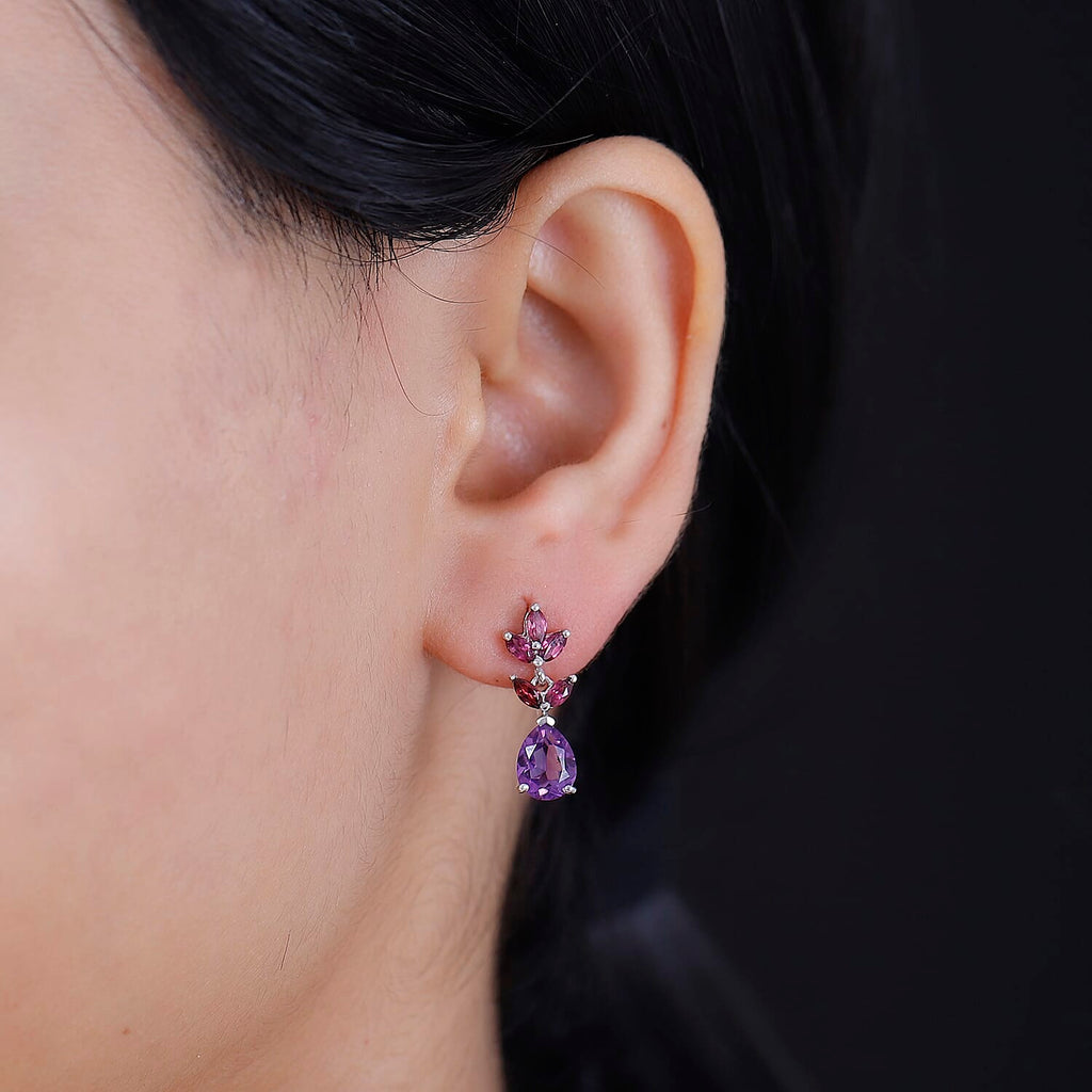 Natural Rose De Morocco & Rhodolite Garnet  Dangling Earring With Push Back in Rhodium overlay Sterling Silver 3.312 Ct.