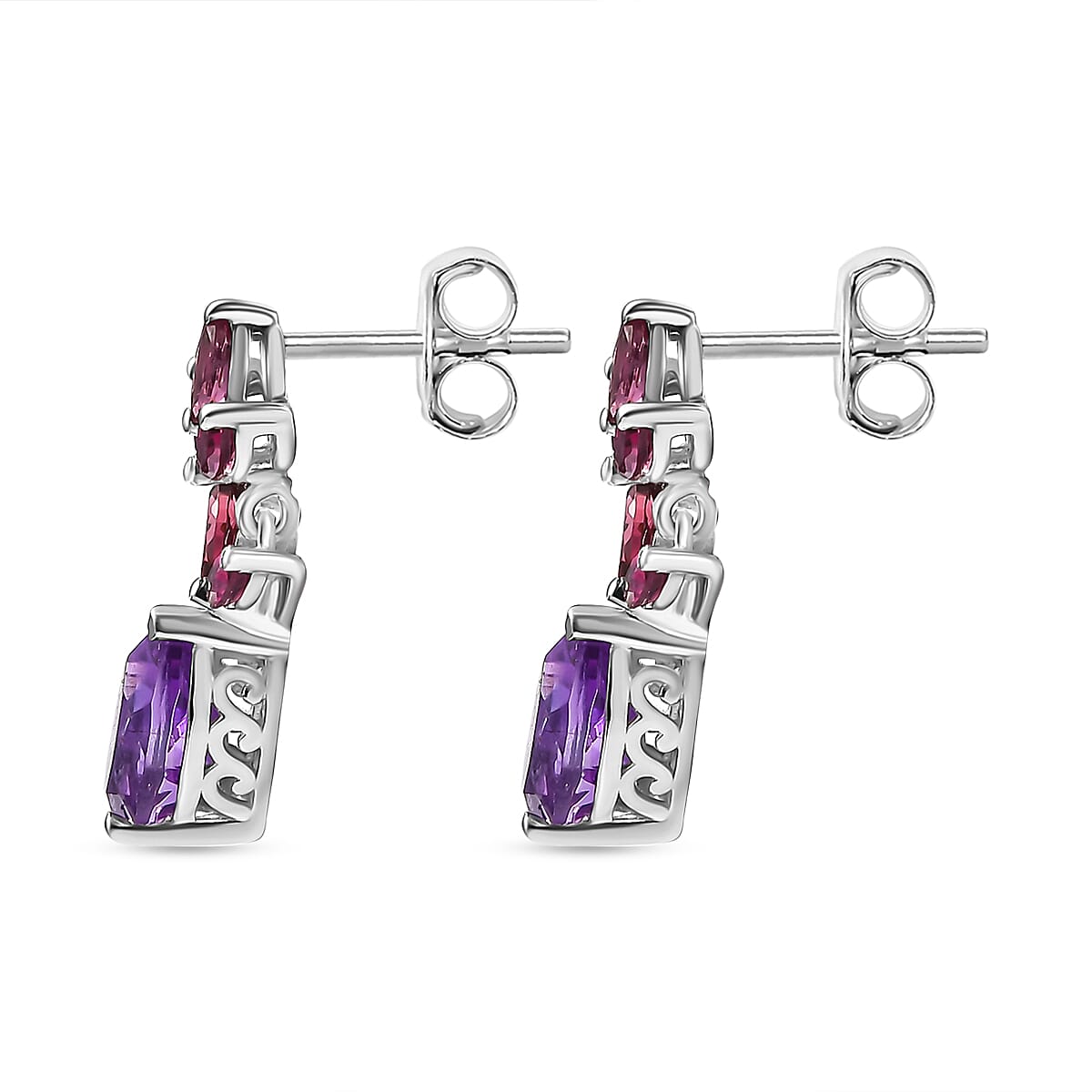 Natural Rose De Morocco Amethyst, Rhodolite Garnet Dangling Earrings in Rhodium Plated Sterling Silver 7860627 3