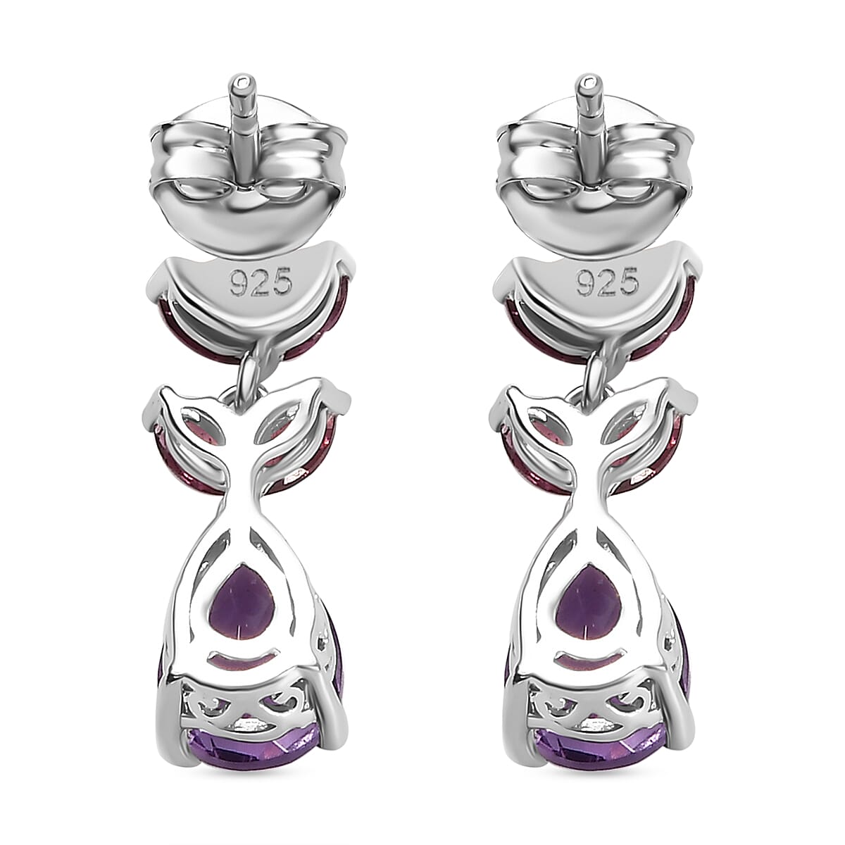 Natural Rose De Morocco Amethyst, Rhodolite Garnet Dangling Earrings in Rhodium Plated Sterling Silver 7860627 4