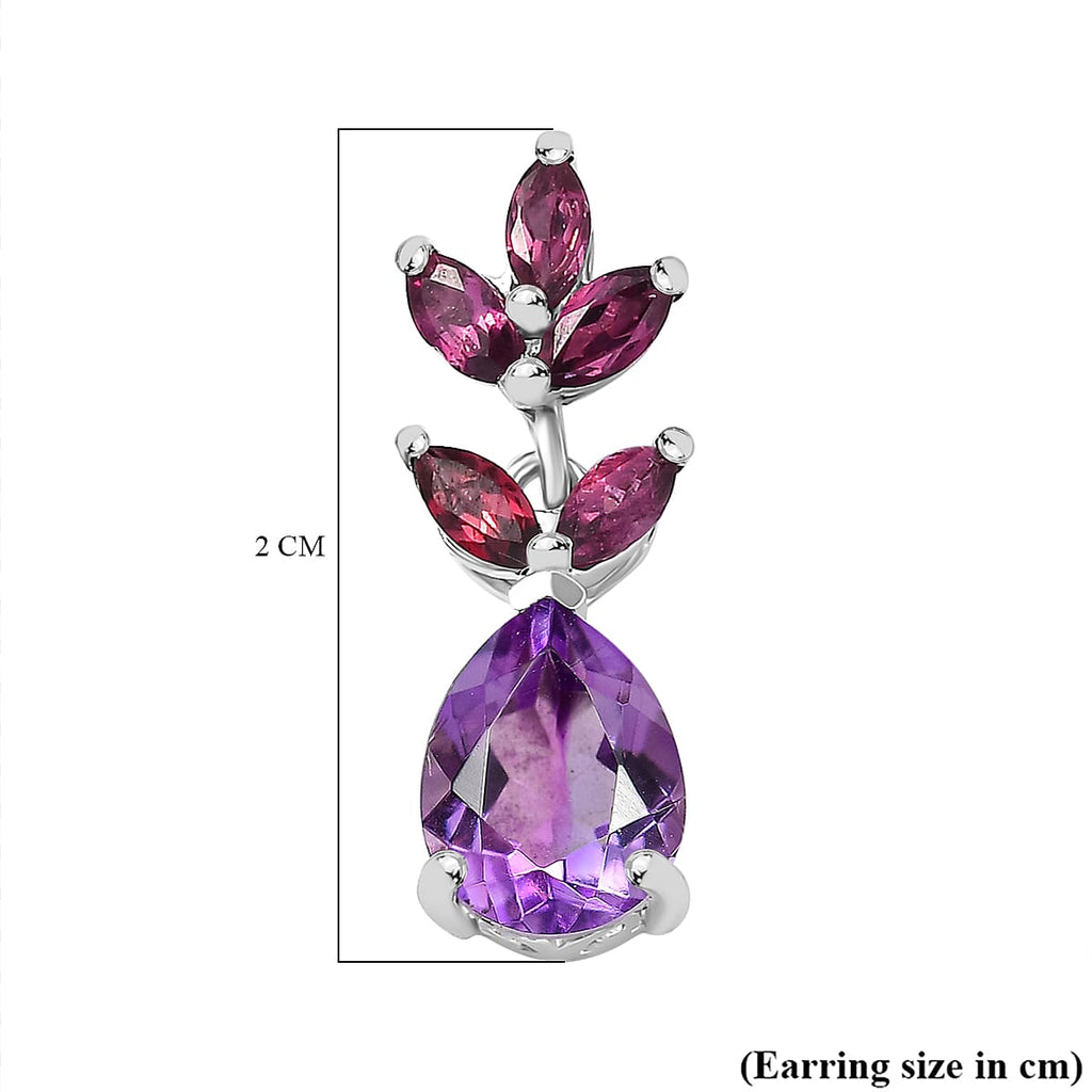 Natural Rose De Morocco & Rhodolite Garnet  Dangling Earring With Push Back in Rhodium overlay Sterling Silver 3.312 Ct.