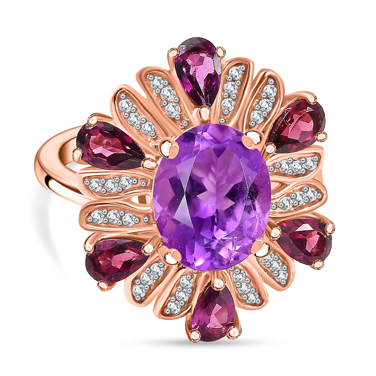 Voilets Inspired Natural Rose De Morocco Amethyst, Rhodolite Garnet, White Zircon Floral Ring in 18K Rose Gold Vermeil Plated Sterling Silver 7861814 0