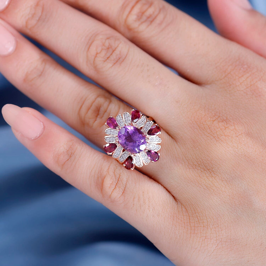 Morocco Amethyst & Multi Gemstone Ring in 18K Vermeil Rose Gold Plated 4.35 Ct.