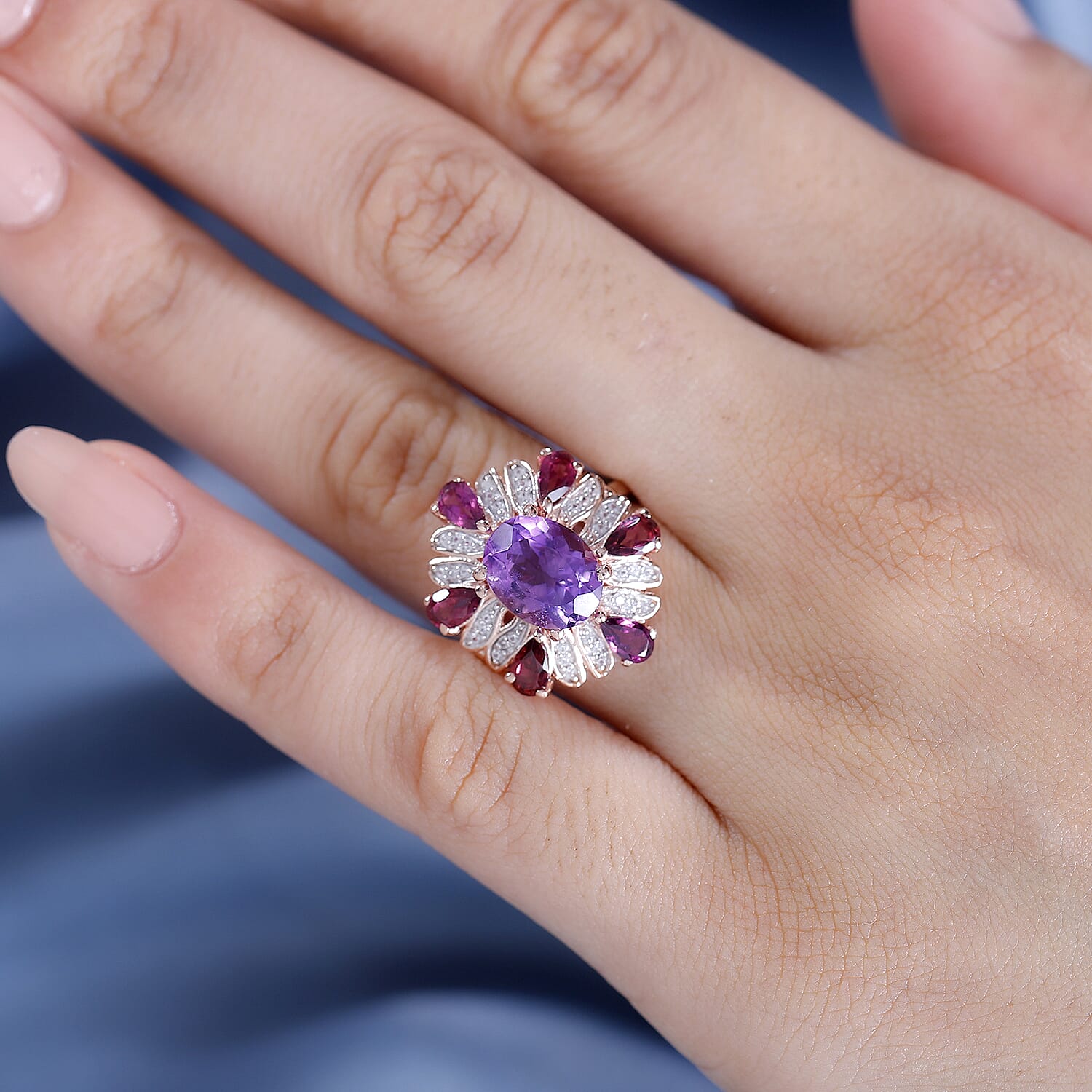 Voilets Inspired Natural Rose De Morocco Amethyst, Rhodolite Garnet, White Zircon Floral Ring in 18K Rose Gold Vermeil Plated Sterling Silver 7861814 3