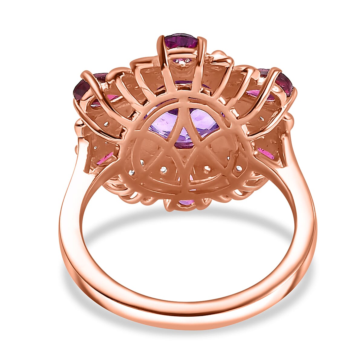 Voilets Inspired Natural Rose De Morocco Amethyst, Rhodolite Garnet, White Zircon Floral Ring in 18K Rose Gold Vermeil Plated Sterling Silver 7861814 5