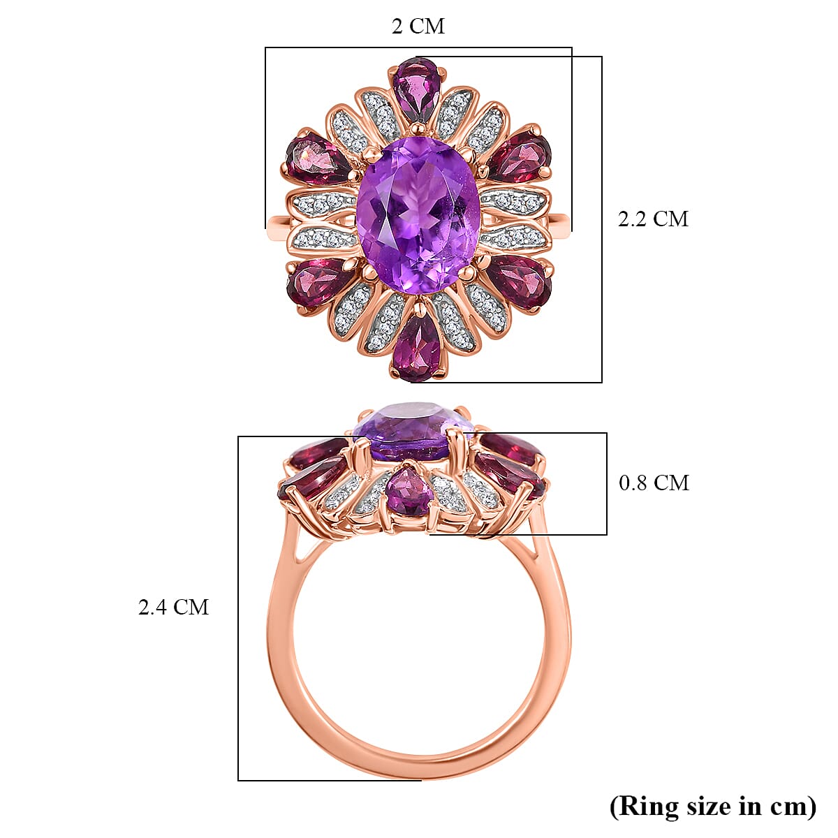 Voilets Inspired Natural Rose De Morocco Amethyst, Rhodolite Garnet, White Zircon Floral Ring in 18K Rose Gold Vermeil Plated Sterling Silver 7861814 6